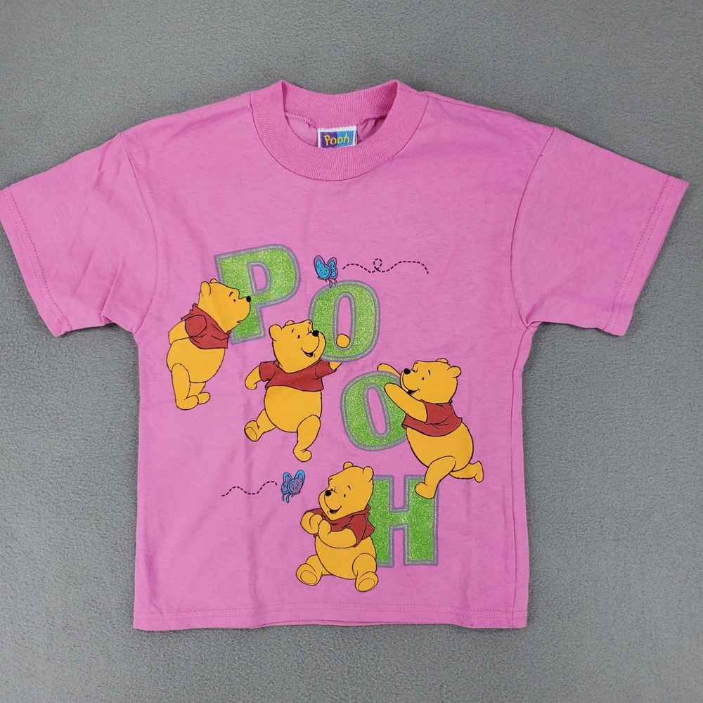Pooh T-Shirt Kids XS 4/5 Pink Vintage 90s Winnie Pooh Glitter Graphic USA Made